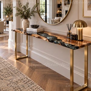 Handmade Live Edge Burl Wood Epoxy Resin Console Table | Black Gray River Table With Gold Base