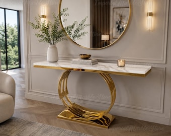 Mesa de consola em mármore branco | Base em aço inoxidável dourado, mobiliário de luxo feito à mão