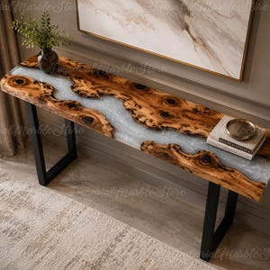Live Edge Olive Wood Epoxy River Console Table, Pearl White Resin, Black Steel Base