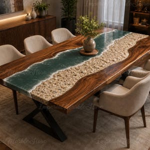 Emerald Green Epoxy River Dining Table, Live Edge Olive Wood, Ocean Wave Resin Furniture