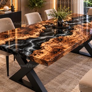Luxury Burl Wood Black Epoxy Resin Dining Table, Live Edge River Table, X-Style Base