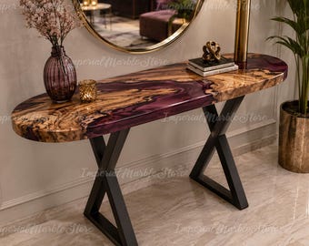 Oval Burl Wood Epoxy River Console Table | Burgundy Purple Live Edge Entryway Table