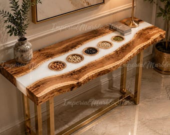 Live Edge Olive Wood Console Table, White Epoxy River, Gold Base, Handmade Furniture