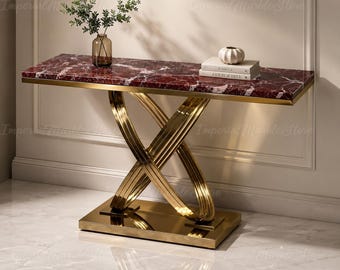 Rosso Levanto Marble Console Table | Gold Stainless Steel Entryway Table