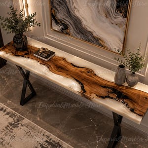Live Edge Olive Wood Epoxy Console Table | White Pearl Resin River, Black Accents