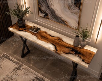 Live Edge Olive Wood Epoxy Console Table | White Pearl Resin River, Black Accents