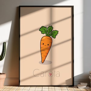 May include: A framed wall art print featuring a cartoon orange carrot with a smiling face and green leafy top on a light beige background. The word Carota is printed in black text below the carrot, with a small pink heart replacing the letter o.