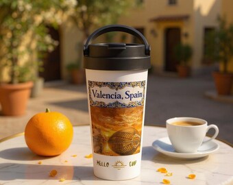 Valencia Spain Travel Mug 15oz — Sunset Tumbler —  Watercolor Coffee Cup — Insulated Stainless Steel Mug