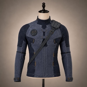 May include: A dark blue long-sleeve tactical jacket featuring a high neck, a circular Deadpool logo patch on the right chest, and a black shoulder strap with a rectangular pad. The garment has structured paneling, reinforced seams, and dark accents.