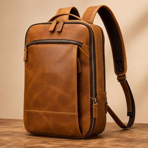 May include: A tan leather backpack featuring a rectangular silhouette, a front zipped pocket, a main compartment with dual zips, a top handle, and adjustable shoulder straps with dark brown interior padding and matching leather zip pulls.