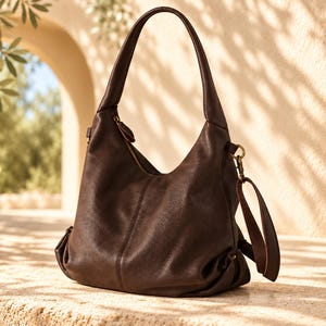 Bolso hobo de piel de primera calidad, bolso de hombro grande y holgado con correa ajustable, color marrón café o negro.