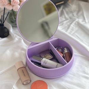 Organizzatore per il trucco con specchio, scatola cosmetica con scomparti scanalati, contenitore impilabile per accessori per capelli, beauty case rosa