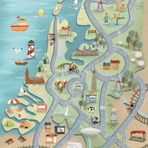 Op de afbeelding: Een kleurrijke geïllustreerde speelmat met een kustlandschap met wegen, een vuurtoren, windmolens, huizen, een strand en diverse figuren waaronder mensen op fietsen, een walvis en een vliegtuig. De tekst Mats&Joy staat in de hoek gedrukt.