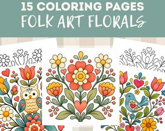 Folk Art Coloring Pages, Digital Coloring Book, Easy Coloring Pages, Floral Coloring Book, Coloring For Adults, Relax Coloring Pages