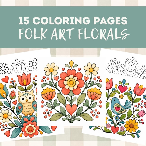 Folk Art Coloring Pages, Digital Coloring Book, Easy Coloring Pages, Floral Coloring Book, Coloring For Adults, Relax Coloring Pages