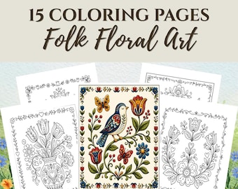 Folk Art Coloring Pages, Scandinavian Coloring,  Botanical Coloring Book, Boho Coloring Pages, Garden Coloring, Relax Coloring Pages