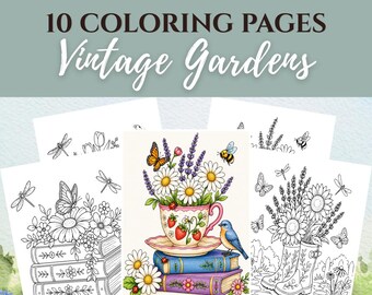 Vintage Garden Coloring Pages, Cottages Coloring, Gardening Coloring Pages, Spring Coloring Page, Flowers Coloring Sheets