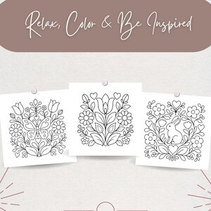 May include: Three square coloring pages featuring black line art on white paper. The left page shows a butterfly among flowers, the center page displays a floral arrangement, and the right page depicts a rabbit surrounded by flowers. Text reads: Relax, Color & Be Inspired.