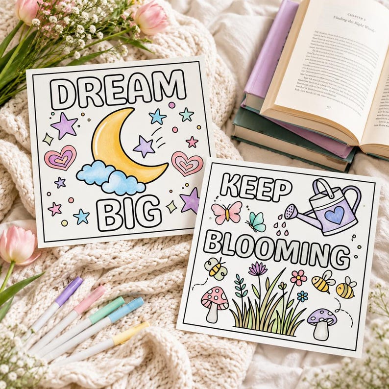 May include: Two square coloring pages with black outlines. One page features a yellow crescent moon, blue clouds, stars, hearts, and the text "DREAM BIG". The other page shows a watering can, butterflies, bees, mushrooms, flowers, and "KEEP BLOOMING".