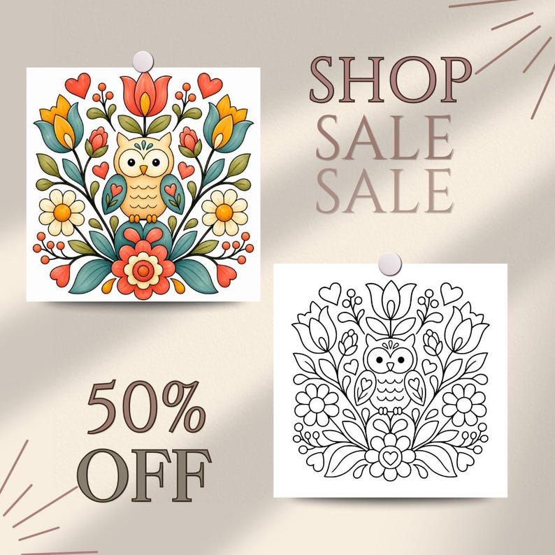 May include: Two square prints featuring a central owl surrounded by symmetrical flowers, leaves, and hearts. One print is colored in shades of orange, yellow, blue, and green, while the other is a black and white line drawing. Text reads SHOP SALE SALE 50% OFF.