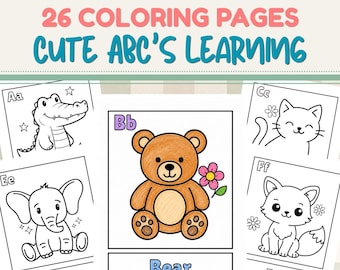 ABC Coloring Pages, Alphabet Kids Coloring, Kids Learning Activity, Baby Shower Game Activity, Guest Book Keepsake, Baby Shower Coloring