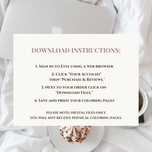 May include: A white informational card with black text titled DOWNLOAD INSTRUCTIONS. The text outlines four steps to access digital files on Etsy, followed by a note stating that these are digital files only and no physical pages are sent.