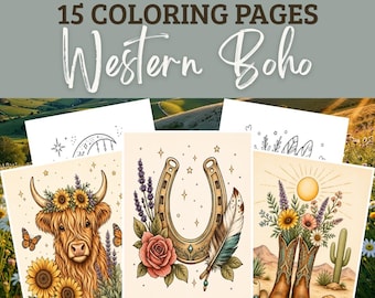 Western Coloring Pages, Boho Western Cowgirl, Boho Coloring Book, Highland Cow Coloring, Country Girl Coloring, Country Coloring Book