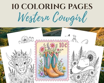 Cowgirl Coloring Pages, Highland Cow Coloring, Country Coloring, Cozy Coloring Page, Country Girl Coloring, Horse Coloring Pages