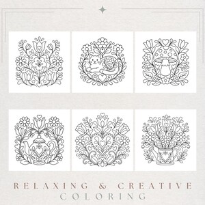 May include: A set of six black and white line art illustrations for coloring, featuring floral arrangements, a cat, a mushroom, a teapot, a heart, and a watering can. The text RELAXING & CREATIVE COLORING is printed at the bottom of the image.