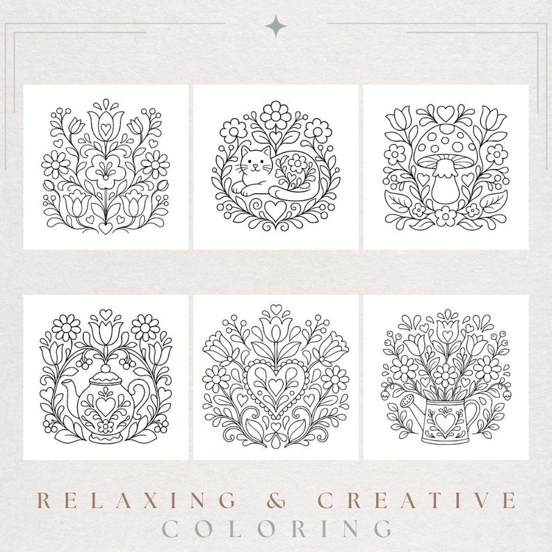 May include: A set of six black and white line art illustrations for coloring, featuring floral arrangements, a cat, a mushroom, a teapot, a heart, and a watering can. The text RELAXING & CREATIVE COLORING is printed at the bottom of the image.