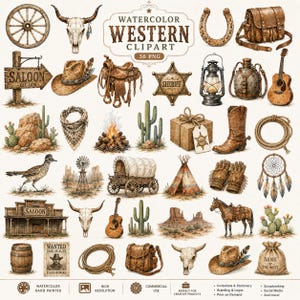 May include: A collection of watercolour western clipart featuring a wagon wheel, bull skull, horseshoe, leather bag, saloon sign, cowboy hat, saddle, sheriff badge, lantern, canteen, guitar, cactus, bandana, campfire, gift box, boot, rope, bird, and teepee.