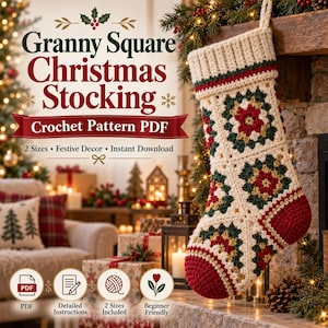 Può includere: Una calza natalizia all'uncinetto con motivo a piastrelle granny in filato rosso, verde scuro e crema. Il testo recita: Granny Square Christmas Stocking, Crochet Pattern PDF, 2 Sizes, Festive Decor, Instant Download, PDF, Detailed Instructions, 2 Sizes Included, Beginner Friendly.
