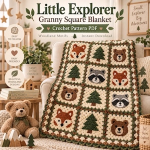 May include: A crochet granny square blanket featuring woodland motifs including foxes, bears, raccoons, and pine trees in cream, brown, orange, and green. The text reads Little Explorer Granny Square Blanket Crochet Pattern PDF.