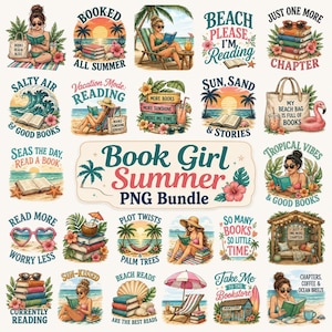 May include: A digital collection of summer-themed illustrations featuring people reading books on beaches, stacks of colourful books, tropical palm trees, hibiscus flowers, and beach accessories, with various phrases like Book Girl Summer PNG Bundle.