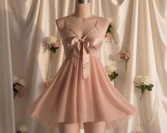Bow Front Nightgown, Women's Babydoll Lingerie, Soft Mesh Sleep Dress