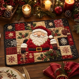 Santa Christmas Table Runner Embroidery Digital File, Holiday Santa Quilted Design, Festive Patchwork Placemat Pattern