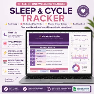 May include: A digital wellness tracker spreadsheet displayed on a laptop screen, featuring sections for sleep logs, cycle tracking, energy and mood monitoring, and monthly overviews. The interface uses purple and pink tones with icons.