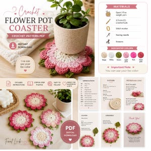 Crochet Flower Pot Coaster Pattern PDF | Flower Coaster Crochet Pattern | Crochet Plant Pot Coaster | Instant Digital Download