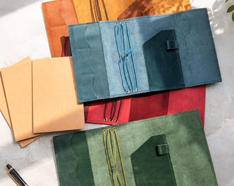 Refillable Leather Journal Cover Trifold, A5 A6 A4 Options, Personalized Foil Stamped Text, Traveler’s Notebook Cover with Charms