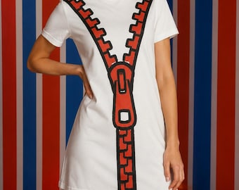 Pop Art Trompe L'oeil Black & Red Opening Zipper Illustration T-Shirt Dress