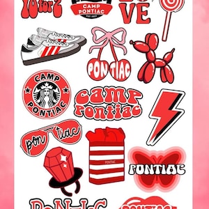 May include: A set of 15 red and white stickers with various designs, including a pair of sunglasses, a cherry, a lightning bolt, a butterfly, a pair of sneakers, a lollipop, a disco ball, a heart, a star, a shopping bag, a ring, a balloon animal, and the text "Camp Pontiac".