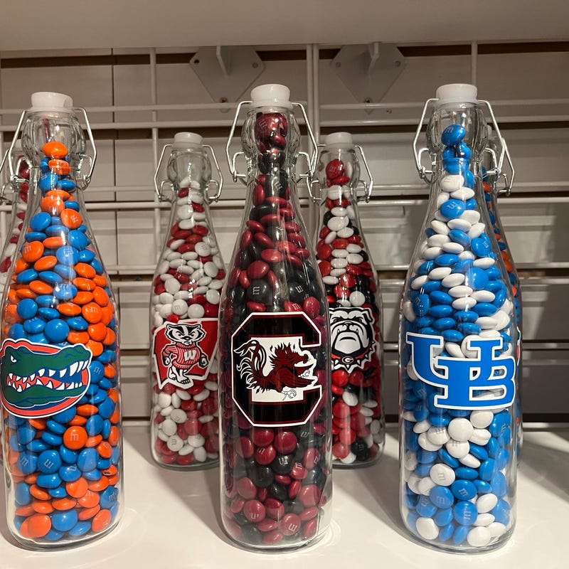 Collegiate Glass Swing-Top Bottle with M&M’s and Logo