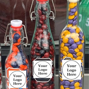 Collegiate Glass Bottle with M&M’s and School Logo Sticker (3 Sizes) ANY SCHOOL!