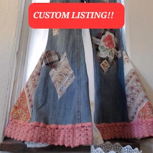 May include: Blue denim bell bottom jeans with patchwork details, including plaid, floral, and lace trim. The jeans are hanging on a window with the text "CUSTOM LISTING!!" on a red label.
