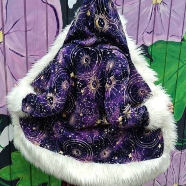 Purple Fur Trim Magic coat Long and Soft Plush Fleece with Huge Oversize Hood Festival Jacket Amazing Golden Celestial Astrology Print