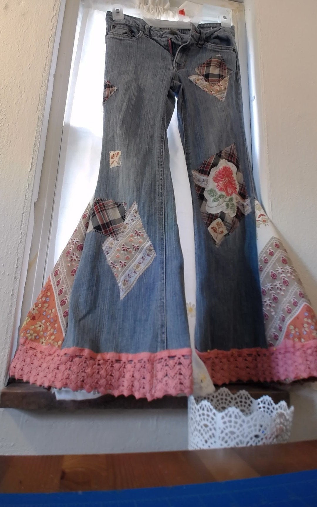 Upcycled Embellished Jeans Girls Flare Boho Denim Lace Trim Pink ...