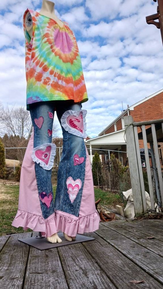 Valentine's Day Gift Bell Bottoms Retro Flare Pants Upcycled Patchwork  Denim Heart Eyelet Lace Pink Floral Love Gifts Embellished 