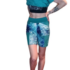 Galaxy Shorts Teal Color Block Patchwork High Waisted With Pockets size Small/medium fit Festival Hoop Girl high rise Long Cozy