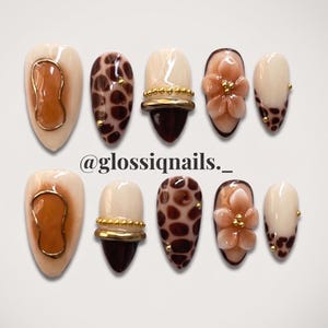 Tortoiseshell Press On Nails, 3D Flower & Gold Bangle Nails, Medium Almond Brown Fall Fake Nails