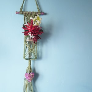 Green Twine Macrame Hanging Jar Plant Pot Holder with Floral Heart Decoupaged Embellishments